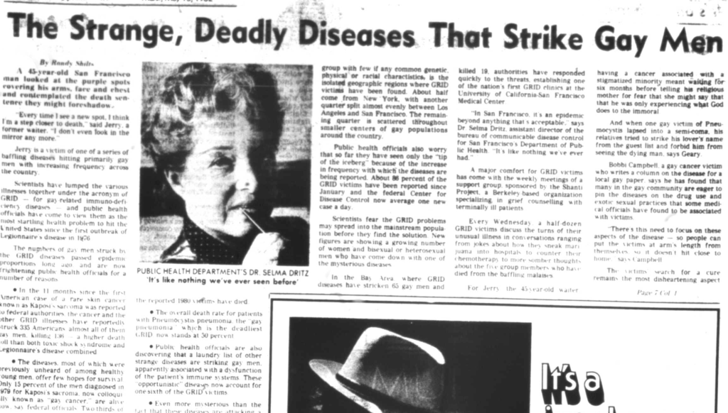 A screenshot of Randy Shilts's first news story on HIV/AIDS, from the San Francisco Chronicle, May 13, 1982.